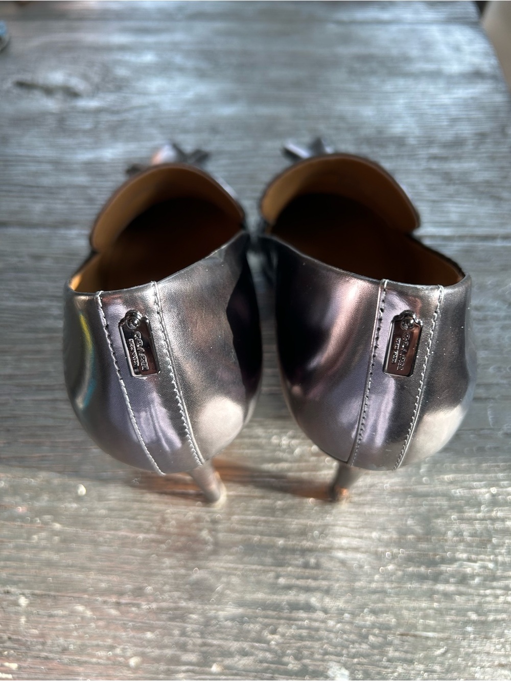 Coach Metallic Gunmetal Pointed-Toe Tassel Loafers- gorgeous classy pump - Picture 4 of 12